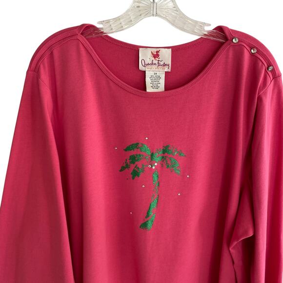 Quacker Factory Top 2X Pink Palm Tree Sparkle Rhinestones Tropical Beachy Fun - Picture 2 of 13